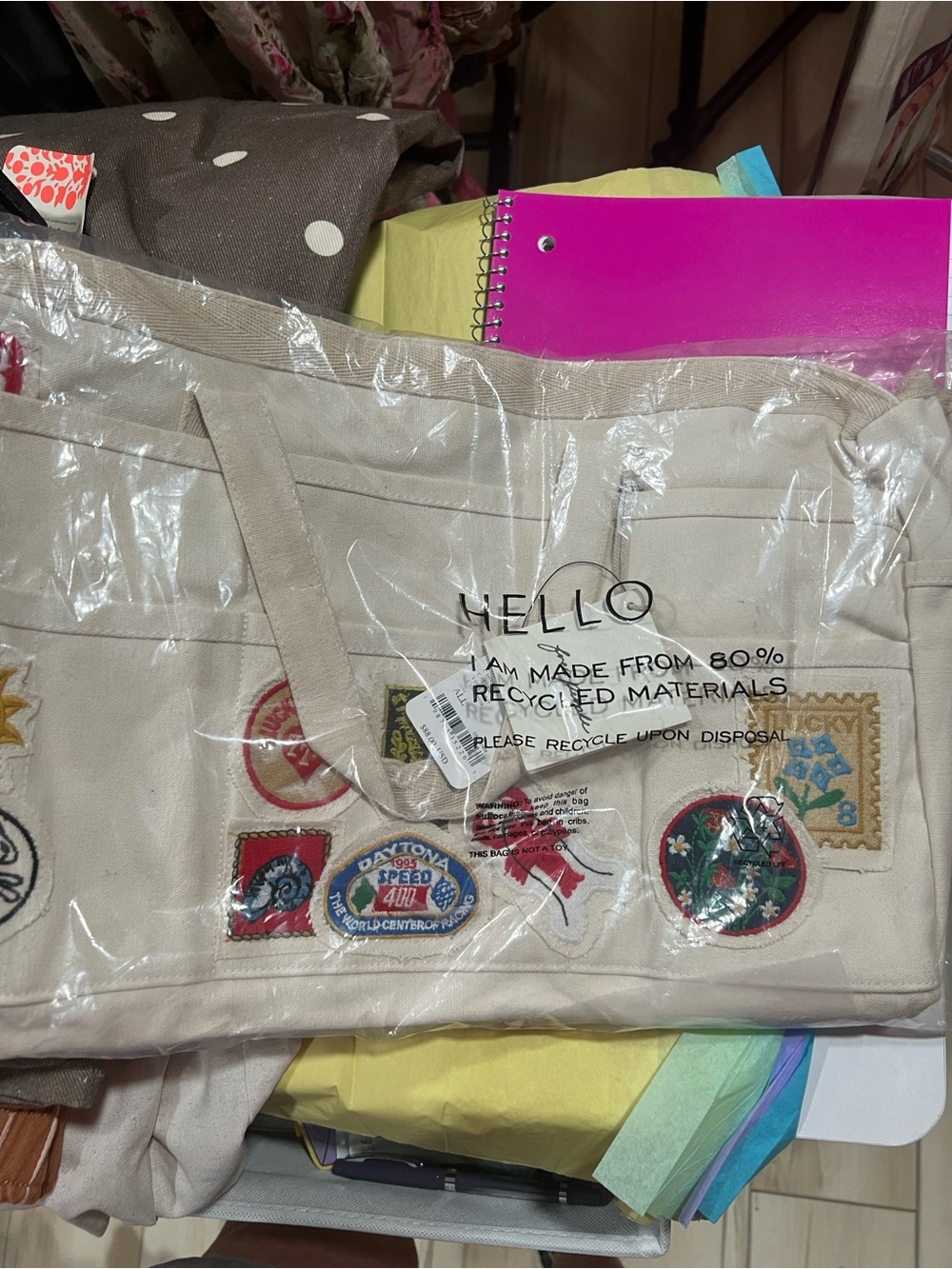 Free People Beige Canvas Tote with Colorful Patch Accents